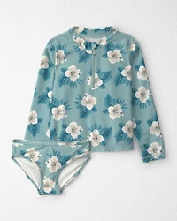Girls 2-Piece Recycled Rashguard Swimsuit Set in Blue Hibiscus