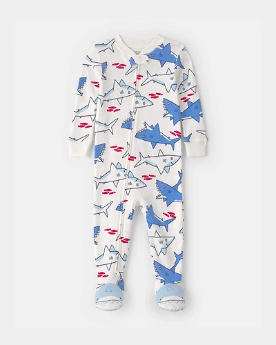 Toddler Boy Shark 100% Cotton Snug Fit 1-Piece Footie Pajama - Ivory