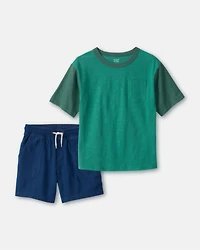 Boys 2-Piece Colorblock Pocket T-Shirt & Shorts Set - Green/Blue