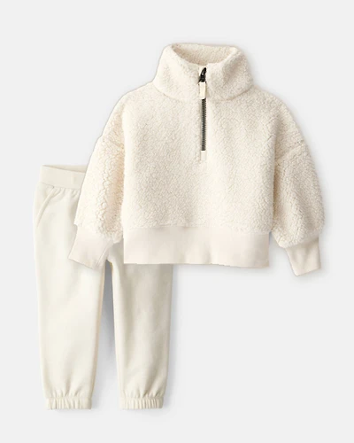 Baby Girl 2-Piece Sherpa Quarter-Zip Pullover Sweatshirt & DayDream Fleece Joggers Set - Cream