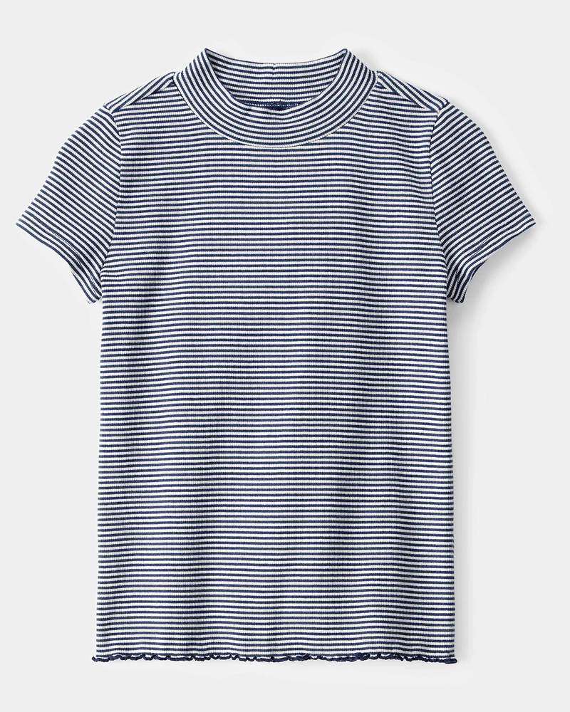 Kid Striped Mock Neck Ribbed Top - Navy