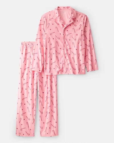 Adult Peppermint Print Long-Sleeve Loose Fit Coat-Style 2-Piece Pajamas - Pink
