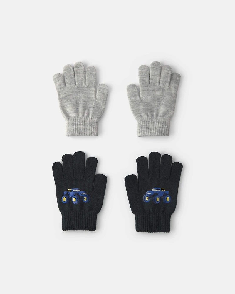 Boys 2-Pack Monster Truck Winter Gloves - Black/Grey