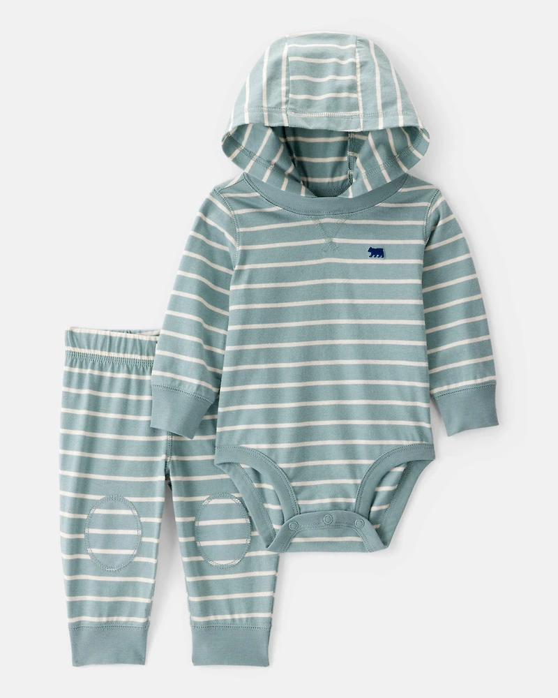 Baby 2-Piece Striped Bear Hooded Bodysuit Pant Set - Green/White