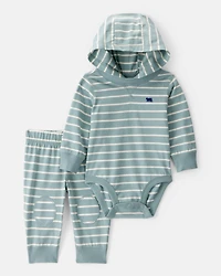 Baby 2-Piece Striped Bear Hooded Bodysuit Pant Set - Green/White