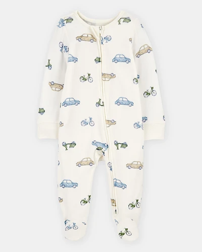 Baby Boy Car Print 2-Way Zip PurelySoft Sleep & Play Pajamas - Ivory