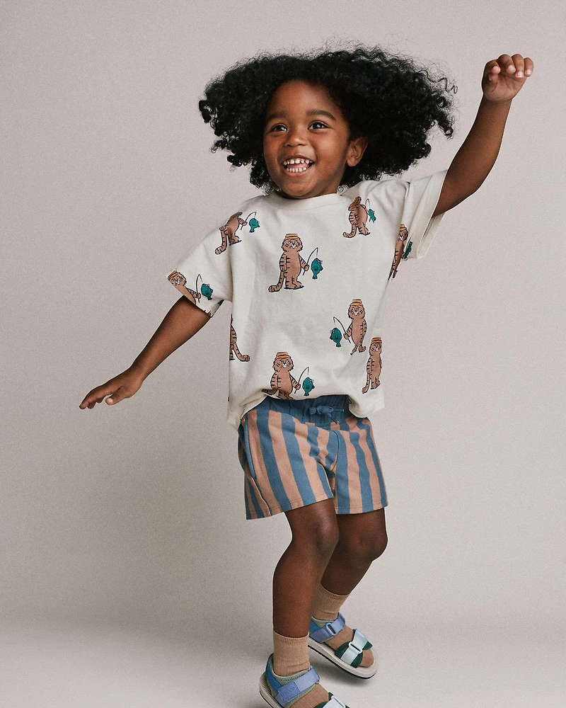 Toddler Boy Long-Line Shorts in Stripes - Slate Blue/Brown