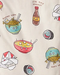 Boys Ramen Calm Print 100% Cotton Long-Sleeve 4-Piece Pajamas - Blue/White