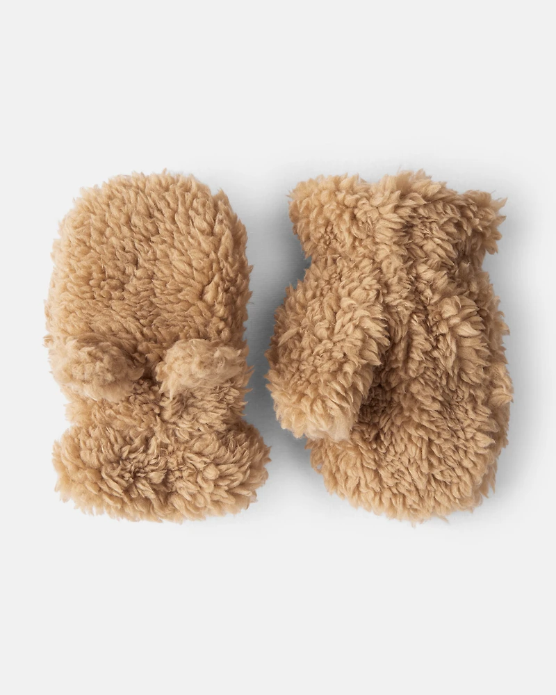 Baby Teddy Fleece Mittens with Bear Ears - Brown