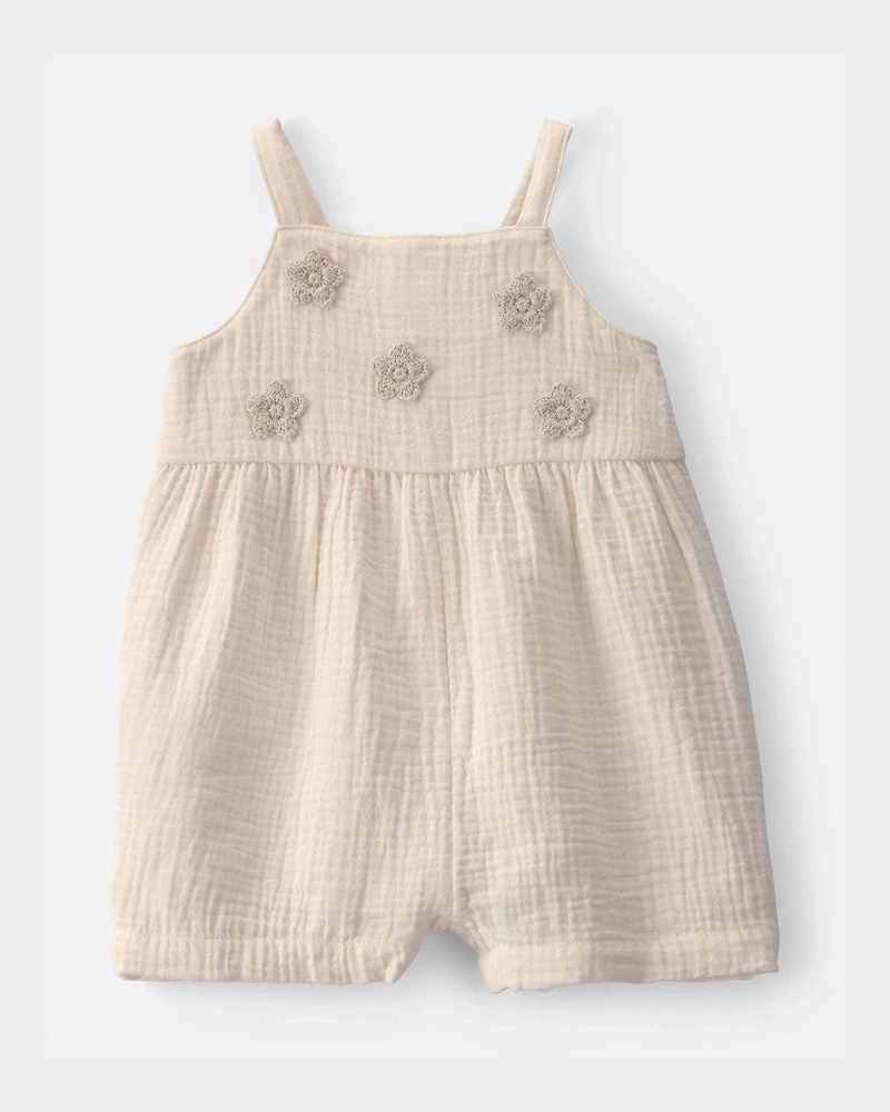 Baby Girl Flower Embroidered Romper - Ivory