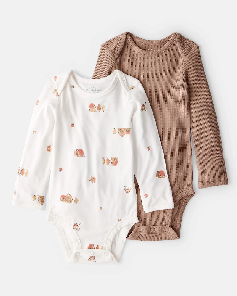 Baby Barn Print PurelySoft Long-Sleeve Multipack Bodysuits - Brown/White