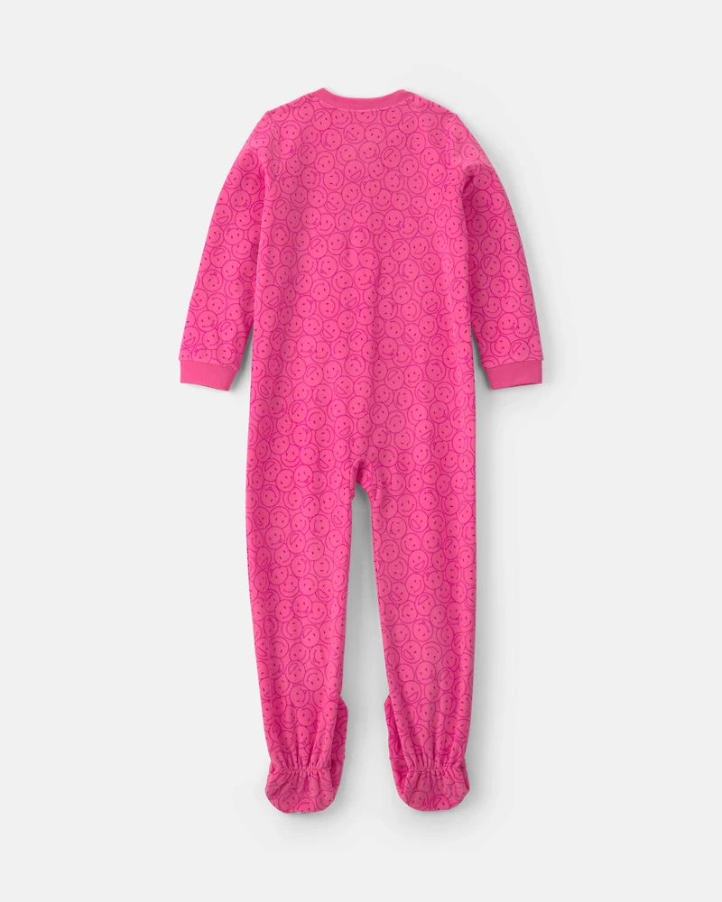 Girls 1-Piece Smiley Faces Fleece Loose Fit Footed Pajama - Pink