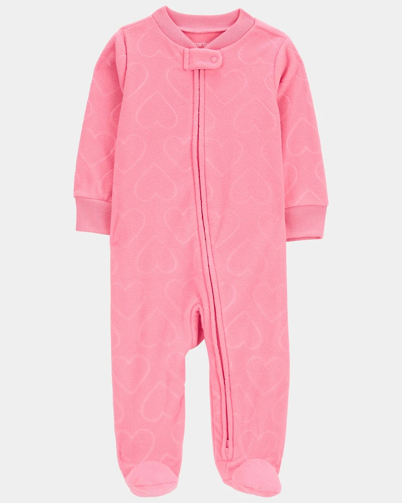 Baby Girl Heart Print Loose Fit Long-Sleeve 2-Way Zip Sleep & Play Pajamas - Pink