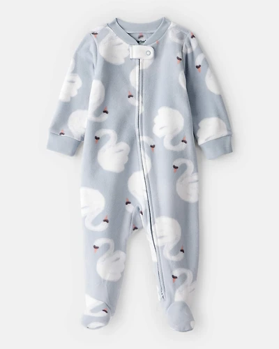 Baby Girl Swan Print Fleece Long-Sleeve Loose Fit Sleep & Play Pajamas - Blue