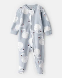 Baby Girl Swan Print Fleece Long-Sleeve Loose Fit Sleep & Play Pajamas - Blue