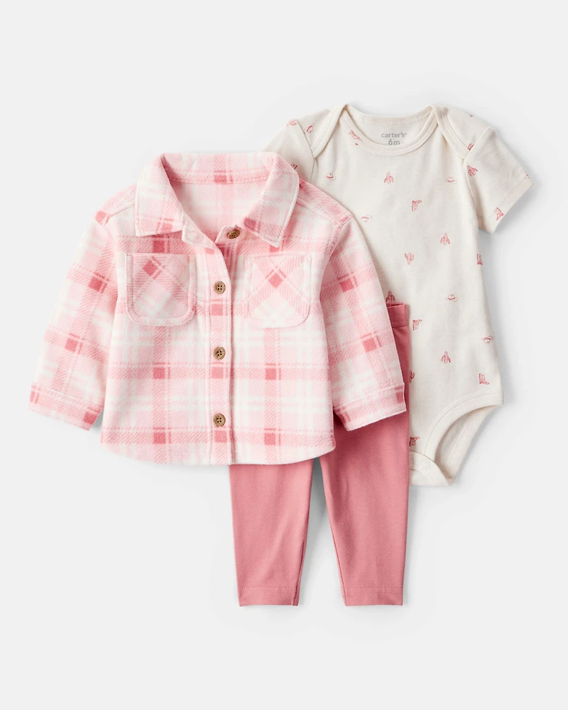 Baby Girl 3-Piece Plaid Print Fleece Jacket, Bodysuit & Pant Set - Pink