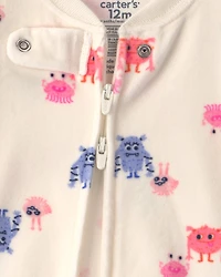 Baby Girl 1-Piece Monster 2-Way Zip DreamPlush Snug Fit Footed Pajama - Cream
