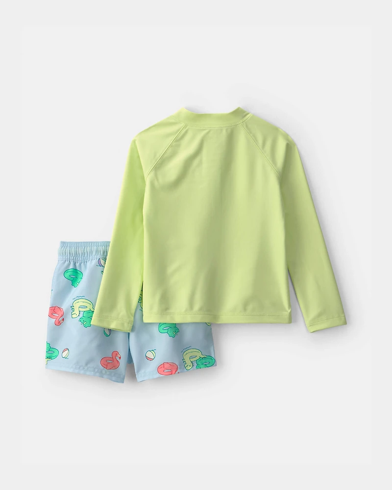Toddler Boy 2-Piece Dinosaur Rashguard Swimsuit Set - Green/Blue