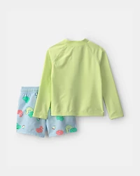Toddler Boy 2-Piece Dinosaur Rashguard Swimsuit Set - Green/Blue