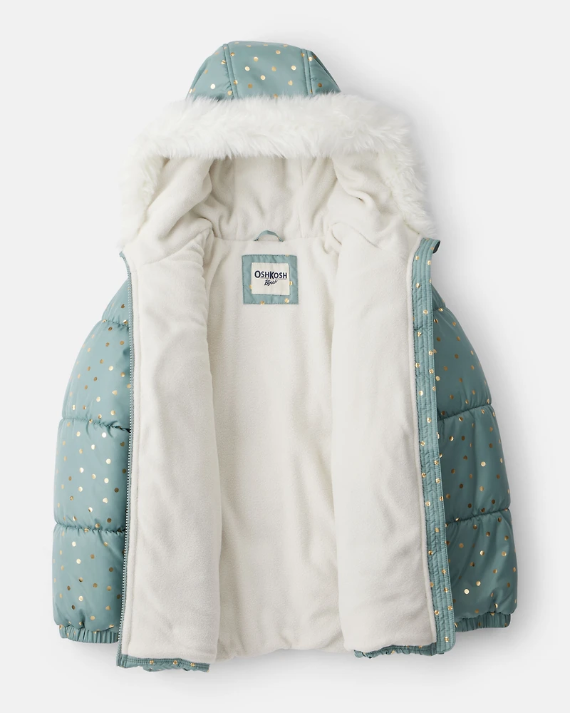 Girls 2-Piece Polka Dot Hooded Snowsuit Jacket & Bib Set - Green