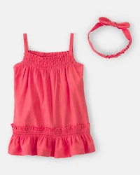 Baby Girl 2-Piece Linen Sleeveless Dress Set - Coral