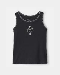 Girls Shell Embroidered Rib Tank Top - Black