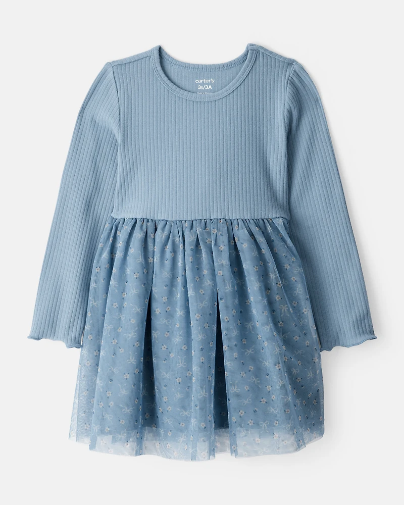 Toddler Girl Floral Print Long-Sleeve Dress - Blue
