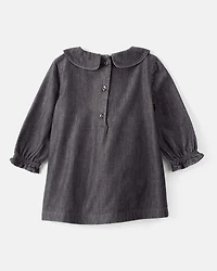 Baby Girl Floral Motif Chambray Long-Sleeve Dress - Grey