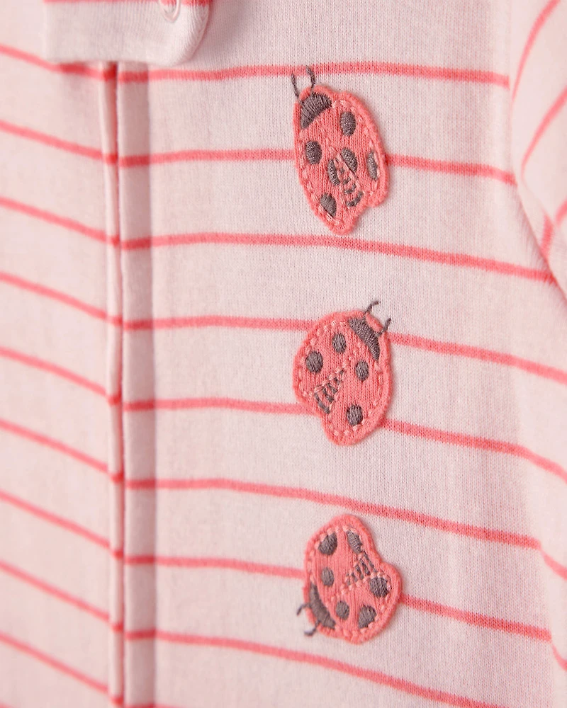 Baby Girl Ladybug Striped 100% Cotton Snug Fit 1-Piece Pajama - Pink
