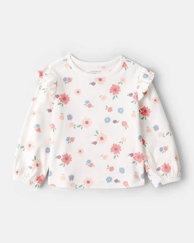 Baby Girl Floral Cotton Ruffle Long-Sleeve Top - White