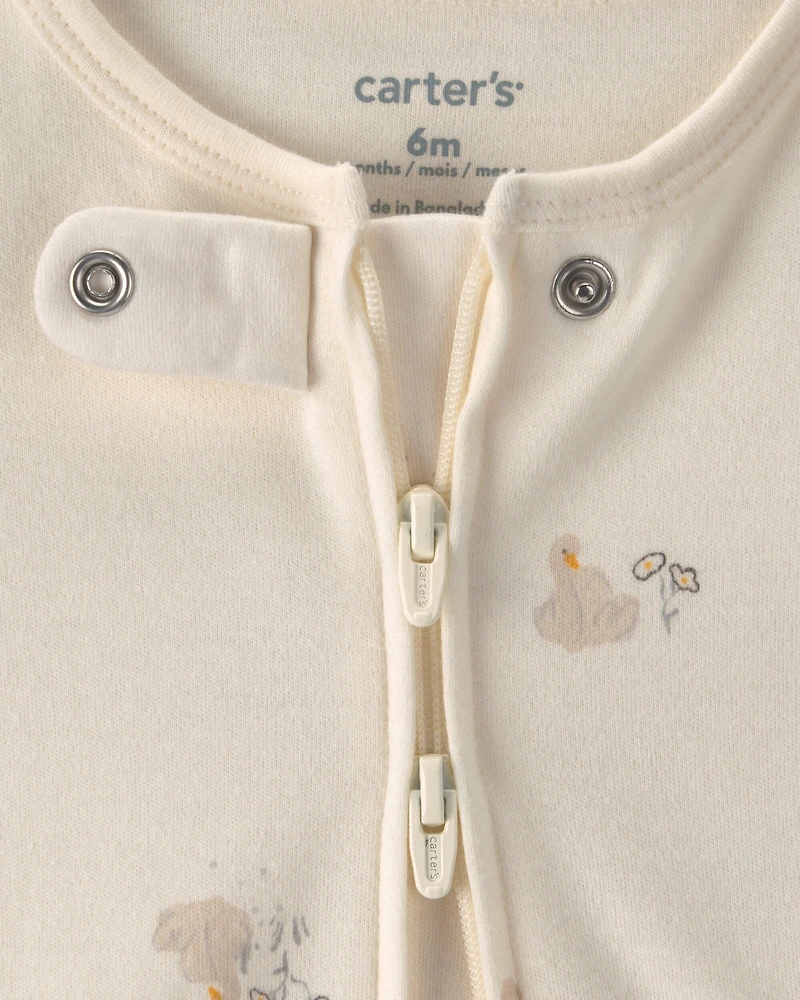 Baby Girl Swan 100% Cotton 2-Way Zip Sleep & Play Pajamas - Ivory