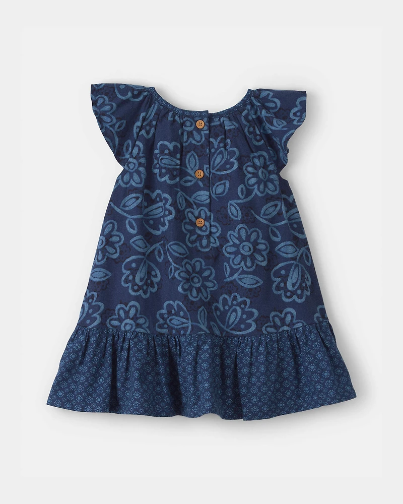 Baby Girl Ruffle-Sleeve Floral Linen Dress - Navy