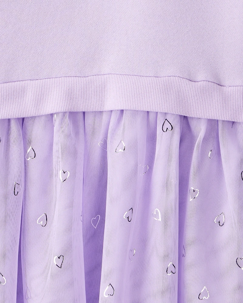 Girls Metallic Heart Long-Sleeve Tulle Dress - Purple