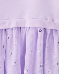 Girls Metallic Heart Long-Sleeve Tulle Dress - Purple