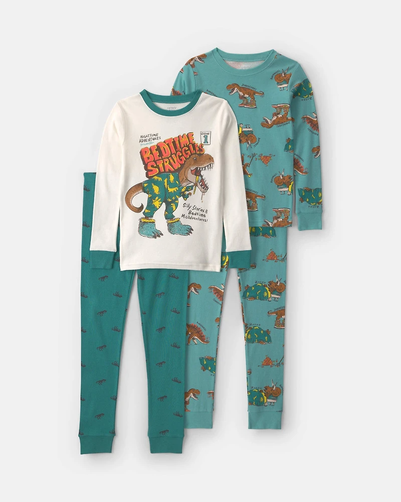 Boys 4-Piece Dinosaur 100% Cotton Snug Fit Pajama Set - Green