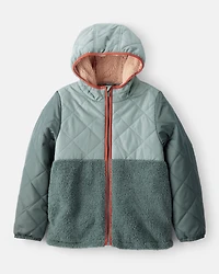 Boys Long-Sleeve Midweight Quilted Sherpa Jacket - Green
