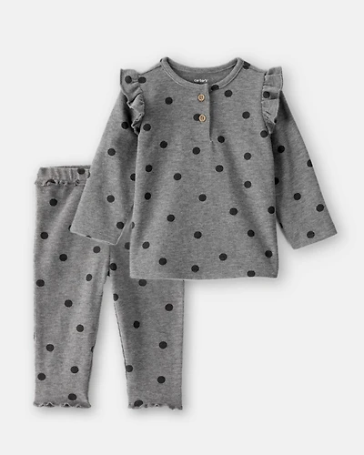 Baby Girl 2-Piece Flutter-Sleeve Polka Dot Long-Sleeve Top & Pant Set - Grey