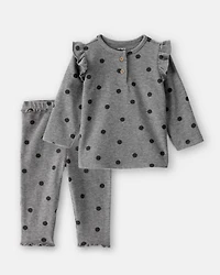 Baby Girl 2-Piece Flutter-Sleeve Polka Dot Long-Sleeve Top & Pant Set - Grey