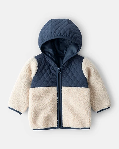 Baby Boy Color Block Hooded Sherpa Zip-Up Jacket - Khaki/Navy
