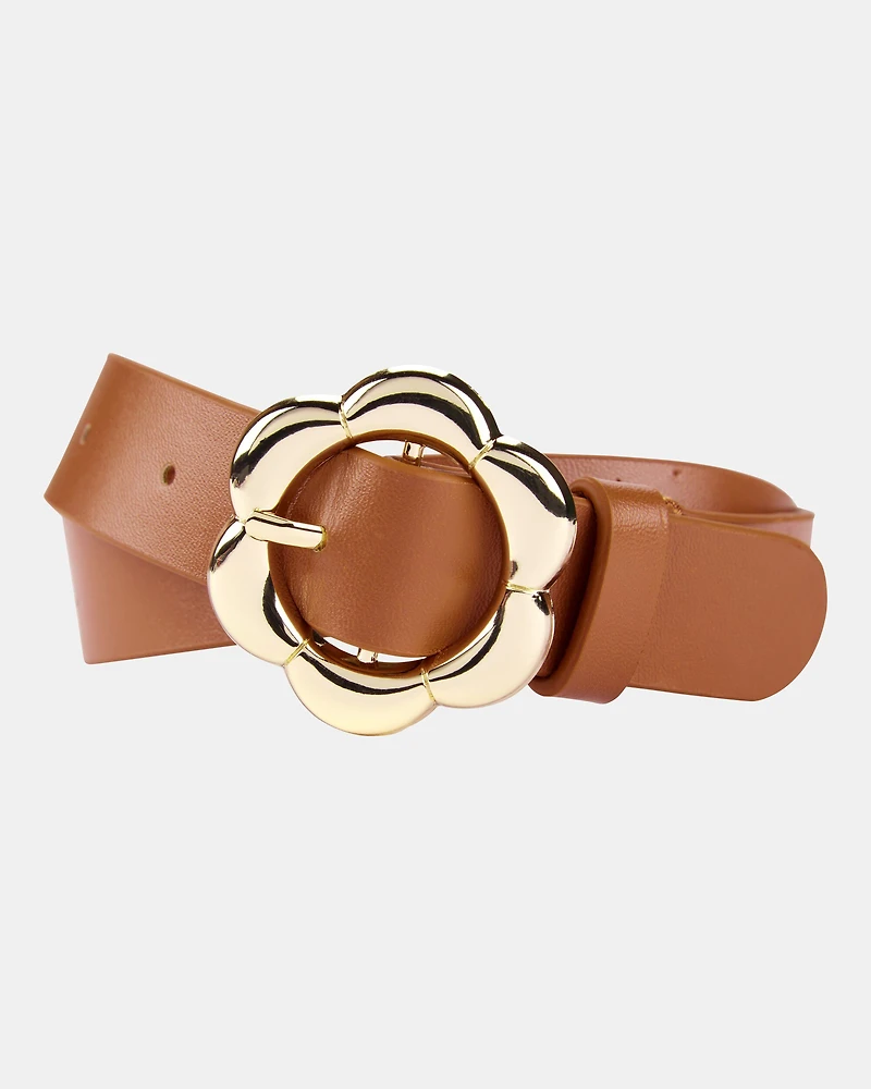 Flower Buckle Belt - Brown