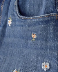 Girls Floral Denim Embroidered Shorts - Medium Wash