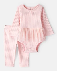 Baby Girl 2-Piece Ribbed Tutu Bodysuit Pant Set - Pink