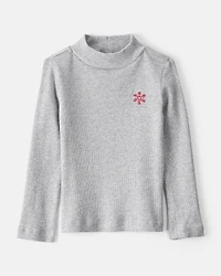Toddler Girl Snowflake Mock Neck Rib Top - Grey