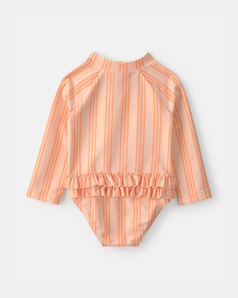 Baby Girl 1-Piece Striped Long-Sleeve Rashguard Swimsuit - Orange