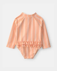 Baby Girl 1-Piece Striped Long-Sleeve Rashguard Swimsuit - Orange