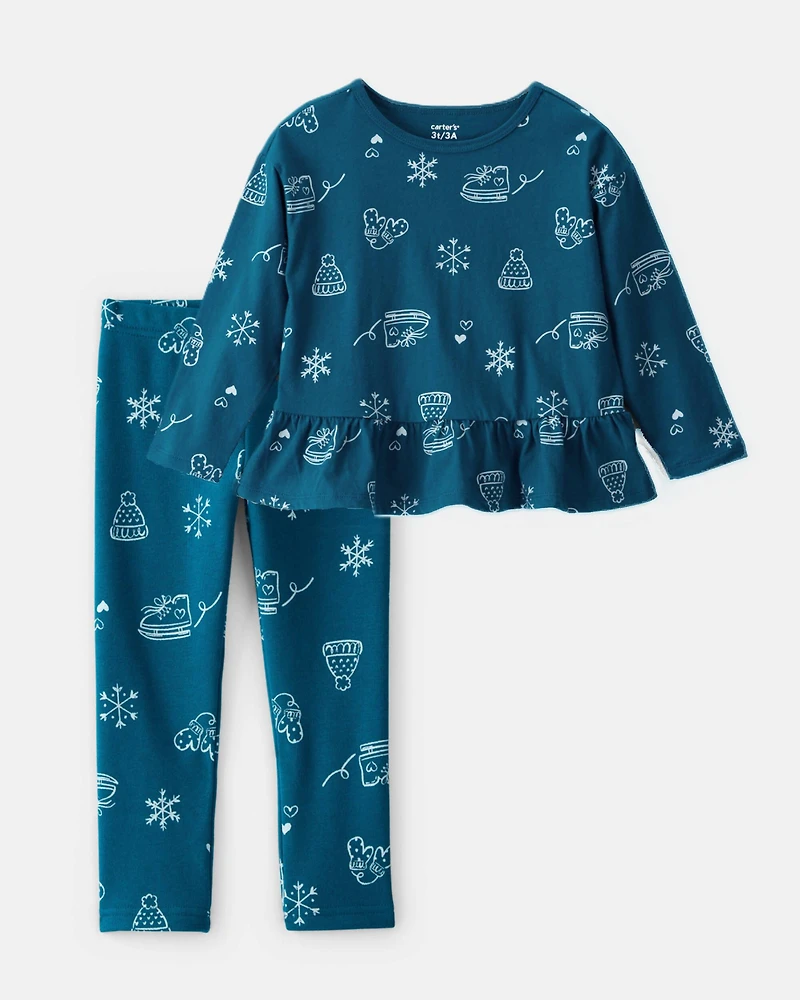 Baby Girl 2-Piece Winter Print Peplum Top & Cozy Leggings Set - Blue