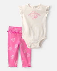 Baby Girl 2-Piece 'Mommy's Mini Treasure' Shell Bodysuit & Pant Set - Pink/Ivory
