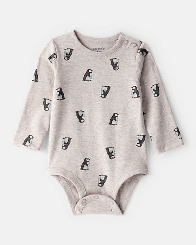 Baby Penguin Print Long-Sleeve Graphic Bodysuit - Grey