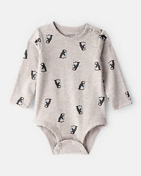 Baby Penguin Print Long-Sleeve Graphic Bodysuit - Grey