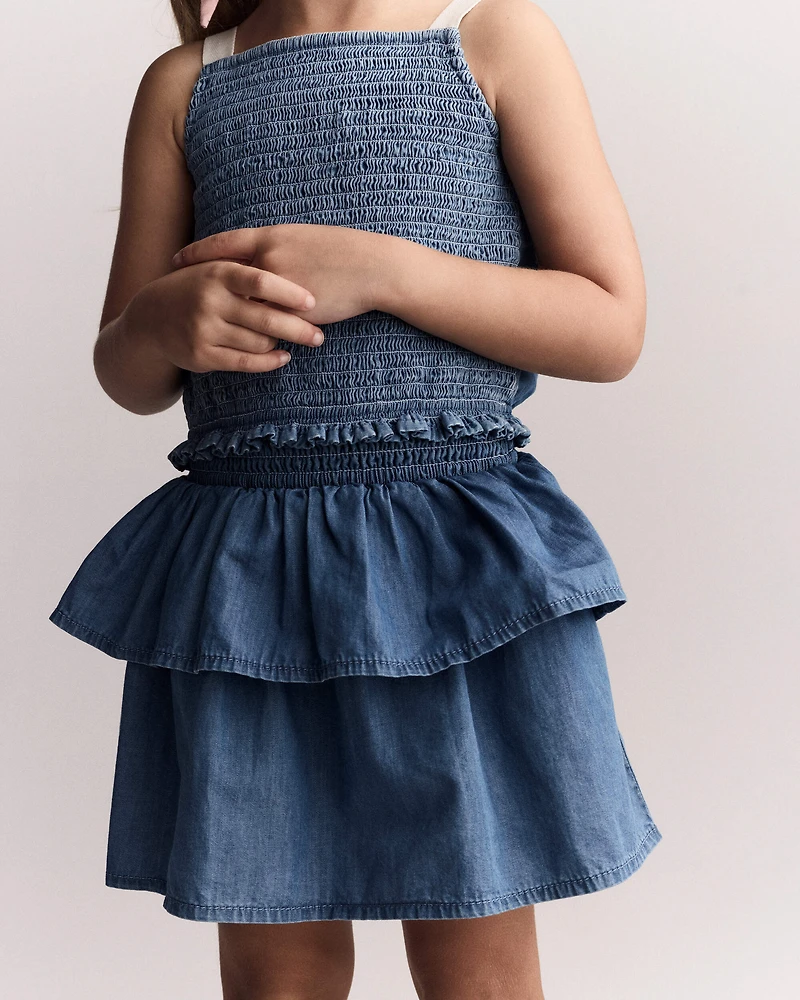 Toddler Girl Smocked Tiered Skirt in Chambray